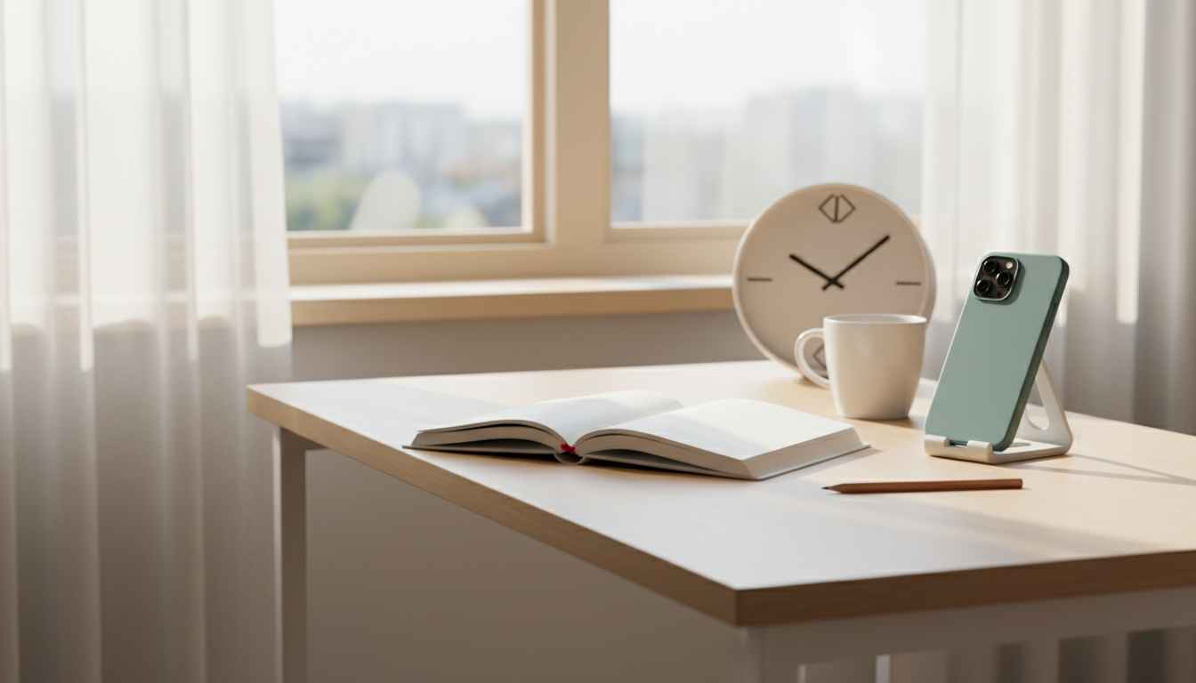 A simple notebook and phone arranged for a short daily English speaking practice session at home