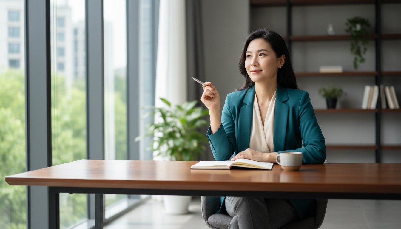 An adult professional preparing for a job interview with a notebook in a bright modern room