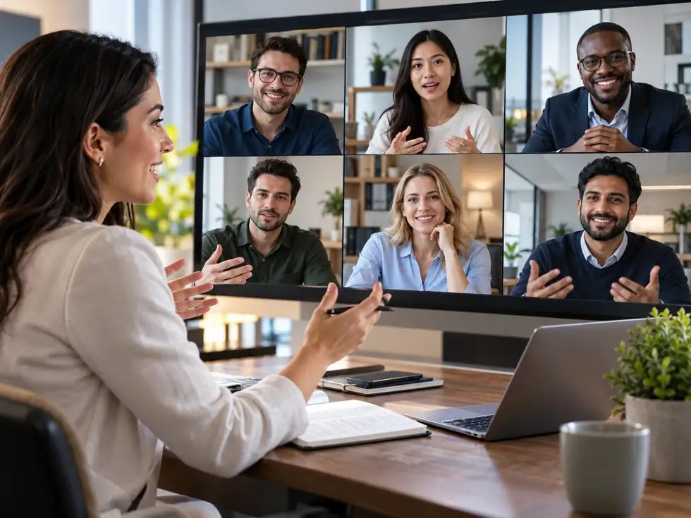 Professionals taking part in an online workplace communication training session
