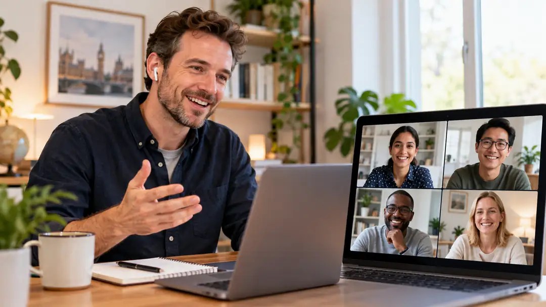 Online English tutor guiding an engaging live video class with adult learners