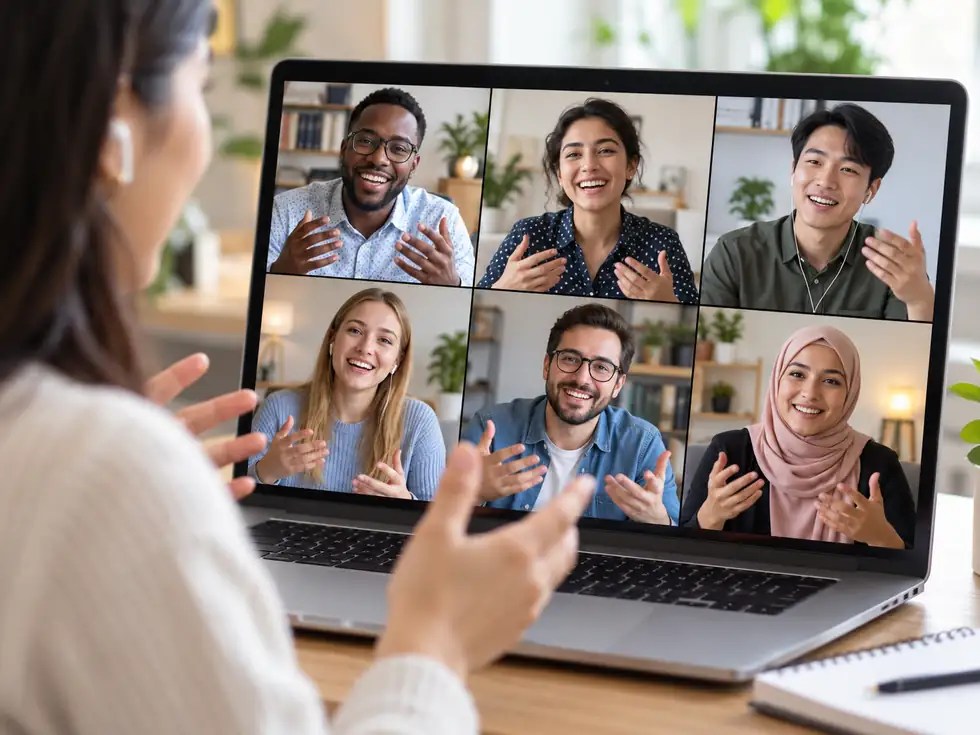 Adult learners discussing ideas confidently in a small online English group