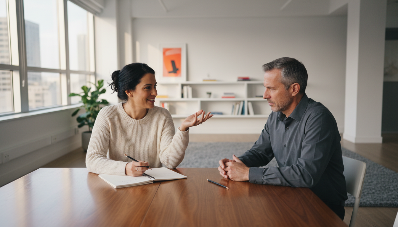 Two adults having an engaged discussion with a notebook in a bright modern learning space