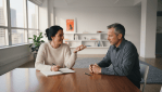 Two adults having an engaged discussion with a notebook in a bright modern learning space