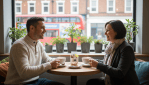 Two adults chatting naturally across a small café table during a relaxed English conversation