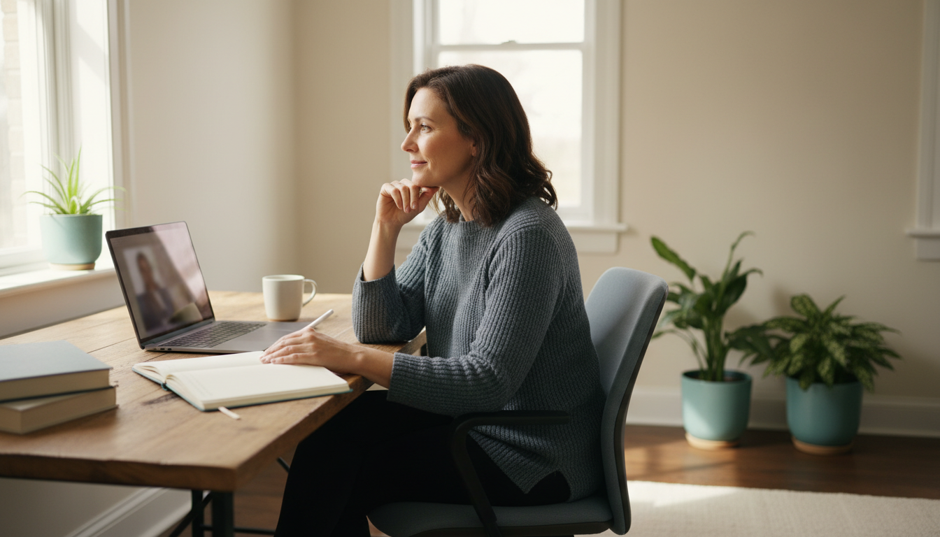 An adult English learner thinking before responding in a welcoming online video conversation