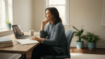 An adult English learner thinking before responding in a welcoming online video conversation
