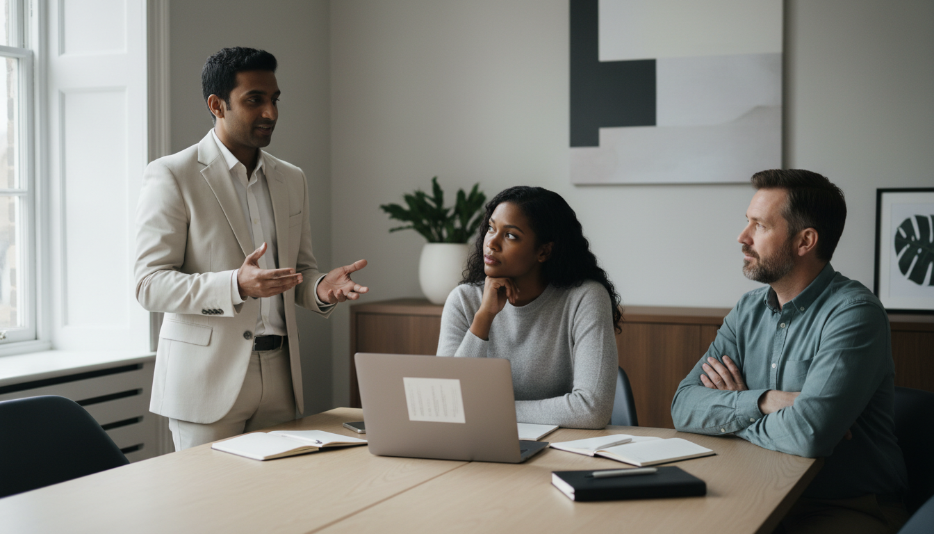 Three adults in an inclusive modern team meeting while one speaker explains an idea